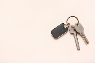 Keys with stylish keychain on light background