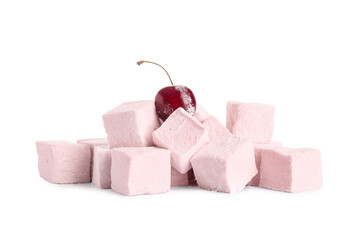 Tasty sweet marshmallows and cherries on white background