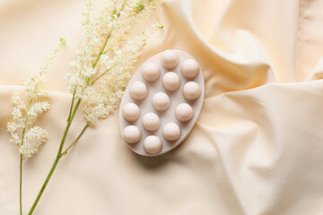 Massage soap bar and plant branch on light background