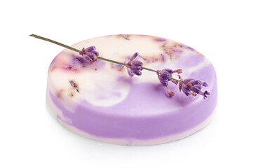 Soap bar and lavender flowers on white background