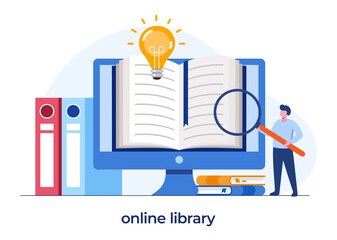online library for education, online reference concept, book, literature or elearning, flat illustration vector - obrazy, fototapety, plakaty