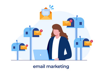 email marketing, online business strategy, advertisement, women with a laptop, flat illustration vector