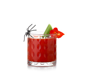 Glass of tasty bloody Mary cocktail decorated for Halloween on white background
