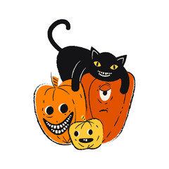 Smiling black cat lies on pumpkins. Hand drawn vector illustration in cartoon style