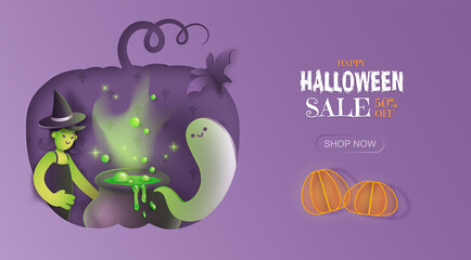 Hand drawn halloween sale promotion banner. Purple background with witch, ghost, pumpkin and cauldron. Vector illustration