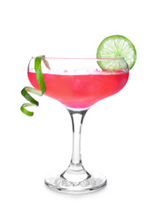 Glass of tasty cosmopolitan cocktail on white background