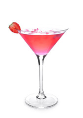 Glass of tasty cosmopolitan cocktail on white background