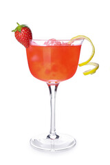 Glass of tasty cosmopolitan cocktail on white background