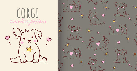 Seamless pattern with cute corgi puppy. Cute design for print. Vector