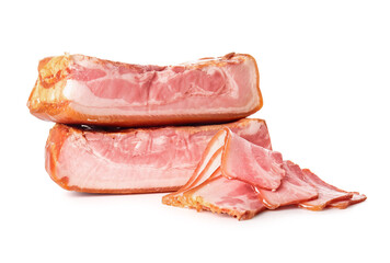 Tasty smoked bacon on white background