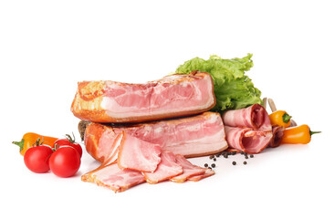 Tasty smoked bacon with fresh vegetables on white background