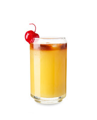 Glass of tasty mai tai cocktail on white background
