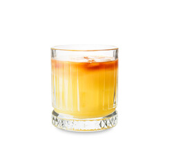 Glass of tasty mai tai cocktail on white background