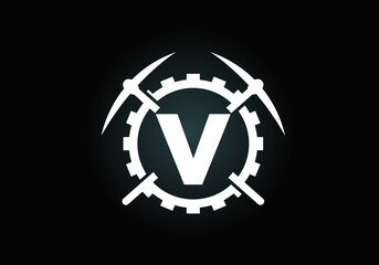 Initial V monogram letter alphabet with pickaxe and gear sign. Mining logo design concept. Modern vector logo for mining business and company identity.