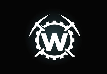 Initial W monogram letter alphabet with pickaxe and gear sign. Mining logo design concept. Modern vector logo for mining business and company identity.