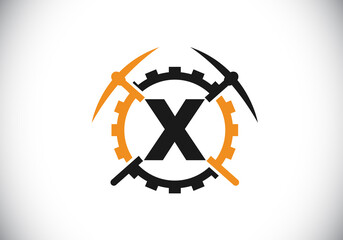 Initial X monogram letter alphabet with pickaxe and gear sign. Mining logo design concept. Modern vector logo for mining business and company identity.