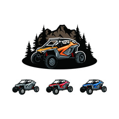 buggy atv utv adventure isolated vector with rock mountain and pines background © winana