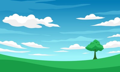 Fototapeta premium Vector illustration, landscape with blue sky and white clouds, as background or banner image, International Day of Clean Air for Blue Skies.
