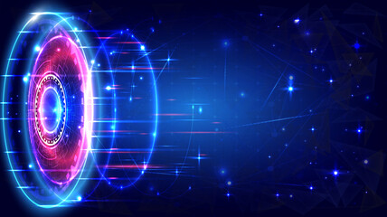 Futuristic Sci-Fi glowing HUD circle element. Abstract hi-tech background. Hologram particle of head-up display interface. Virtual reality technology innovation of engineer