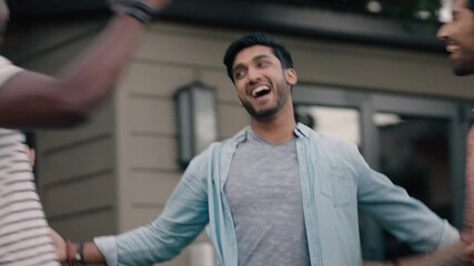 happy friends arriving at garden party celebration hugging enjoying friendship reunion gathering sitting at table with healthy food sharing weekend picnic together 4k