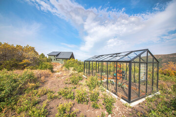 Glass greenhouse with metal frameworks on a vast of shrubs and bushes