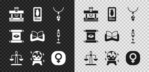 Set Bottle with potion, Tarot cards, Necklace crystal, Libra zodiac, Magic ball, Venus, Ancient magic scroll and book icon. Vector
