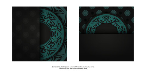 Fototapeta na wymiar Luxurious Template for print design postcards in black color with blue ornaments. Preparing an invitation with a place for your text and abstract patterns.