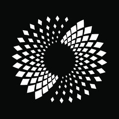 White concentric rectangles in round form. Halftone design element for border frame, round logo, tattoo, sign, symbol, web pages, prints, template, pattern and abstract background