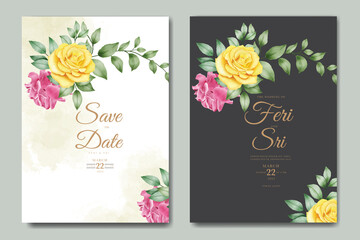 weddin invitation card with floral leaves watercolor