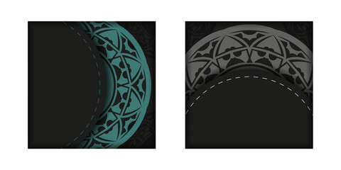 Vector invitation card with place for your text and abstract ornament. Luxurious design of a postcard in black with blue patterns.