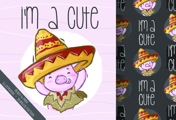 Obraz premium Cute pig with mexico sombrero style seamless pattern: can be used for cards, invitations, baby shower, posters; with white isolated background 