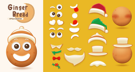 Ginger bread christmas emoji creator set. Ginger bread character face, eyes and mouth editable kit with different facial expression for xmas emoji creation design. Vector illustration.
 - obrazy, fototapety, plakaty
