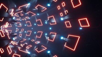 Fototapeta premium Glowing Multiple Red Frame Ring Hanging on the Organic Metal Tunnel 3D Rendering