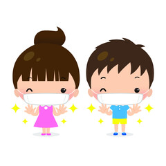 Cute illustrations of girls and boys wearing masks and washing their hands