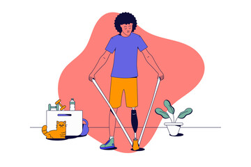 Person (man) with disability (with prosthetic leg) doing stretching lunges with resistance band near a potted flower, dumbbell, bottle of water and a cat. Cartoon Flat Vector Illustration, Line art.