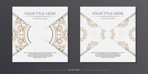 Invitation template with space for your text and abstract patterns. Luxurious vector design for postcard in white color with beige patterns.