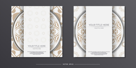 Invitation template with space for your text and abstract patterns. Luxurious vector design for postcard in white color with beige patterns.