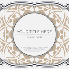 Preparing an invitation with a place for your text and abstract patterns. Luxurious vector template for print design postcard white color with beige patterns.