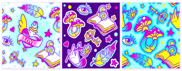 Vector seamless patterns with mysterious neon psychedelic mushroom,  acid trippy elements. Vibrant fluorescent graphic of crazy wonderland. Used as web wallpaper, background.