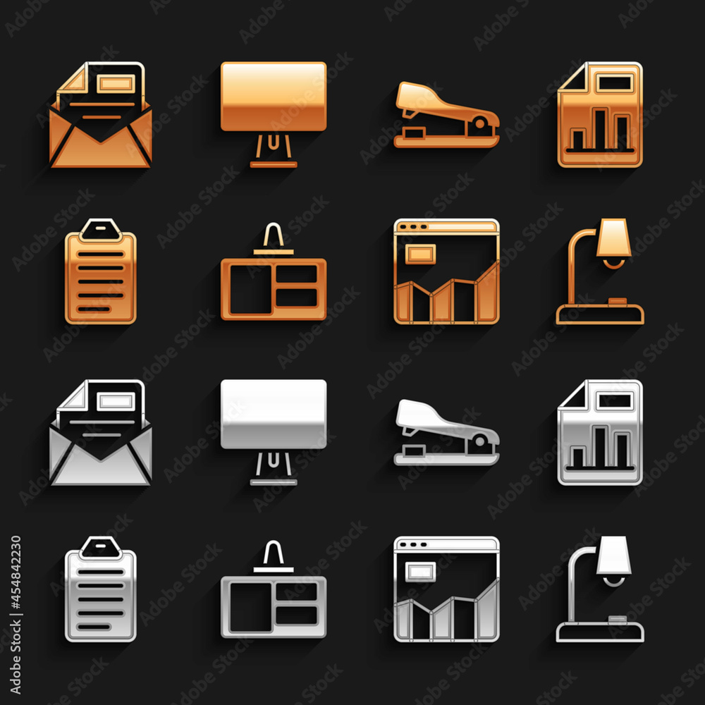 Poster Set Identification badge, Document with graph chart, Table lamp, Graph infographic, To do list or planning, Stapler, Mail and e-mail and Computer monitor icon. Vector