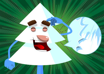 Cartoon winter pine trees with faces confused. Cute forest trees. Snow on pine cartoon character, funny holiday vector illustration.