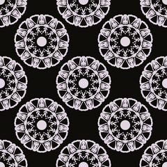 Black dewy seamless pattern with vintage ornaments. Background in a vintage style template. Indian floral element. Graphic ornament for fabric, packaging, packaging.