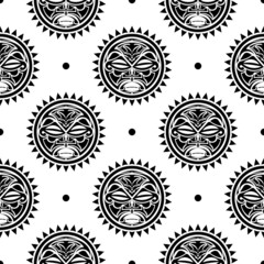 Seamless pattern Hawaiian tiki masks. Idols heads, maya antique culture, traditional indigenous symbols, ancient maori gods.