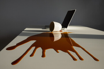 Cup of black coffee spilled on laptop on white desktop.
