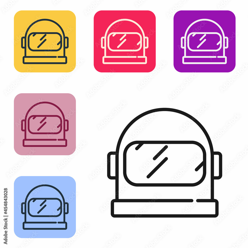 Poster black line astronaut helmet icon isolated on white background. set icons in color square buttons. ve