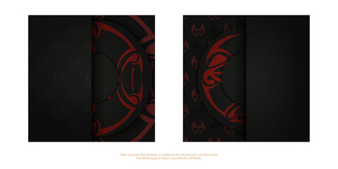 Luxurious Ready-to-print black color postcard design with mask of the gods patterns. Vector Template of invitation with place for your text and face in polizenian style ornaments.