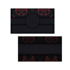 Print-ready black business card design with mask of the gods patterns. Vector Business card template with place for your text and face in polizenian style ornament.