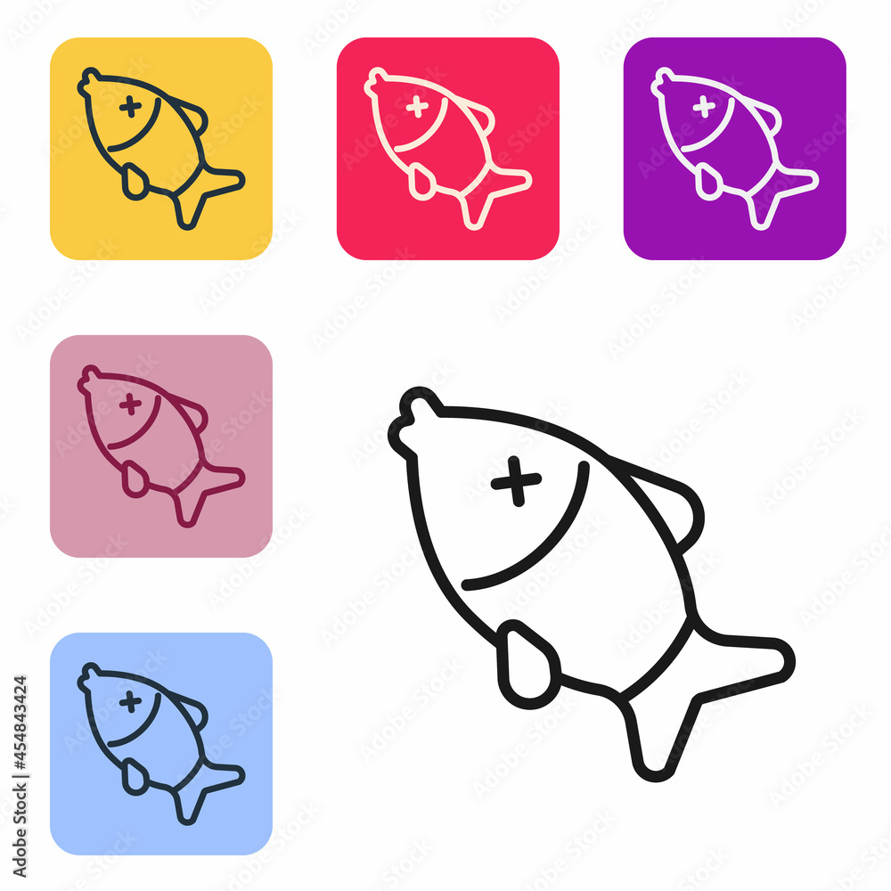 Poster black line dead fish icon isolated on white background. set icons in color square buttons. vector