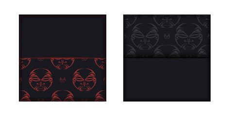 Preparing an invitation with a place for your text and a face in a polizenian style ornaments. Luxurious vector Template for print design postcard in black color with mask of the gods ornament.