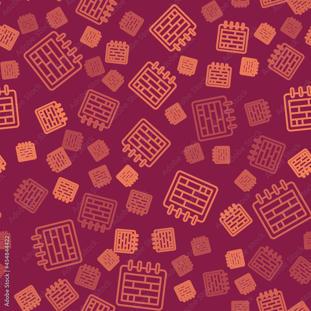 Poster brown line calendar icon isolated seamless pattern on red background. event reminder symbol. vector